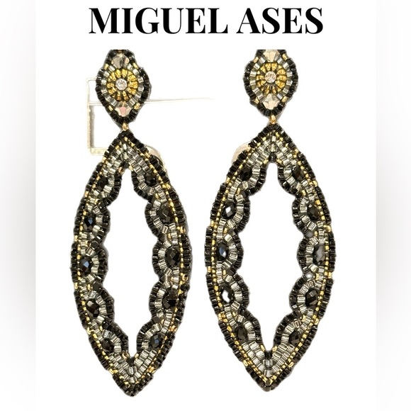 MUGUEL ASES~Black Quartz & Swarovski Cut-Out Marquise Earrings - Picture 1 of 2